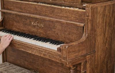 Mason & Hamlin piano cabinet refinishing with detailed wood work