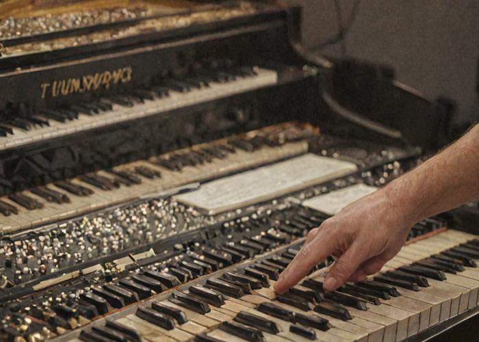 Professional piano tuning in progress with tuning tools